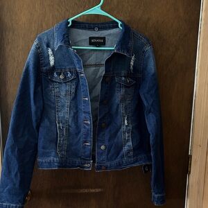 Dark Blue Denim Jacket distressed look, worn once! Has a little stretch to it